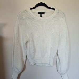 Forever 21 White Floral Textured Knit Bubble Sleeve Sweater